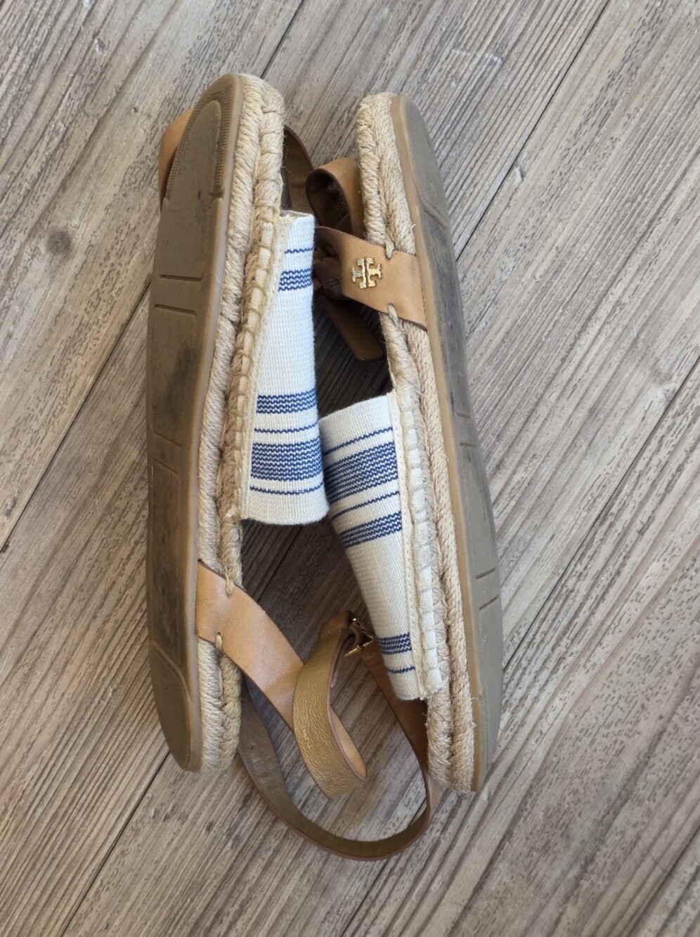 Tory Burch Blue-Striped Canvas Espadrille Sandals with Tan Leather Straps - Picture 5 of 6